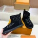 Louis Vuitton Women’s Black Suede Ankle Boots with Monogram Embossing, Shearling Lining & Chunky Sole #A69814