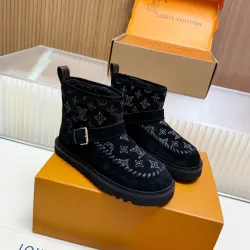 Brand L Women’s Black Suede Ankle Boots with Monogram Embossing, Shearling Lining & Chunky Sole #A69814