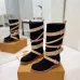 Louis Vuitton Women’s Black Suede Mid-Calf Boots with Beige Strap Detail & Gold Buckles #A69920