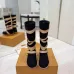 Louis Vuitton Women’s Black Suede Mid-Calf Boots with Beige Strap Detail & Gold Buckles #A69920