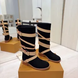 Louis Vuitton Women’s Black Suede Mid-Calf Boots with Beige Strap Detail & Gold Buckles #A69920