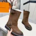 Louis Vuitton Women’s Brown Suede Mid-Calf Boots with Double Buckle Straps and Chunky Sole #A69874