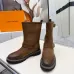 Louis Vuitton Women’s Brown Suede Mid-Calf Boots with Double Buckle Straps and Chunky Sole #A69874