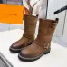 Louis Vuitton Women’s Brown Suede Mid-Calf Boots with Double Buckle Straps and Chunky Sole #A69874