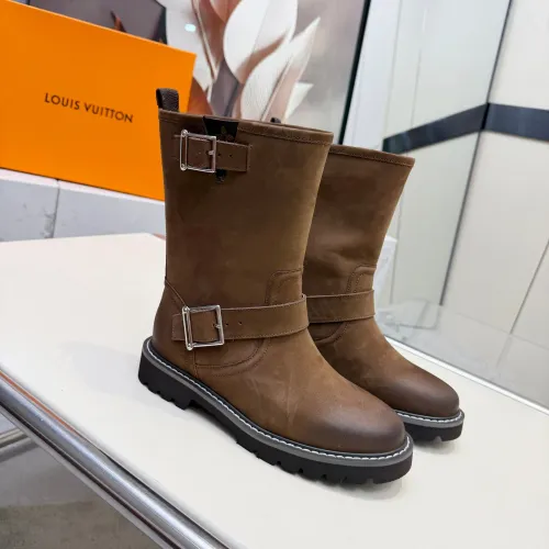 Louis Vuitton Women’s Brown Suede Mid-Calf Boots with Double Buckle Straps and Chunky Sole #A69874