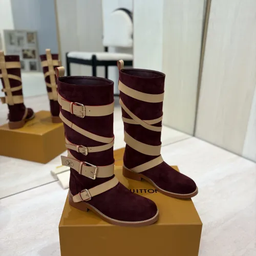 Louis Vuitton Women’s Burgundy Suede Knee Boots with Beige Strap Details and Low Heel #A69919