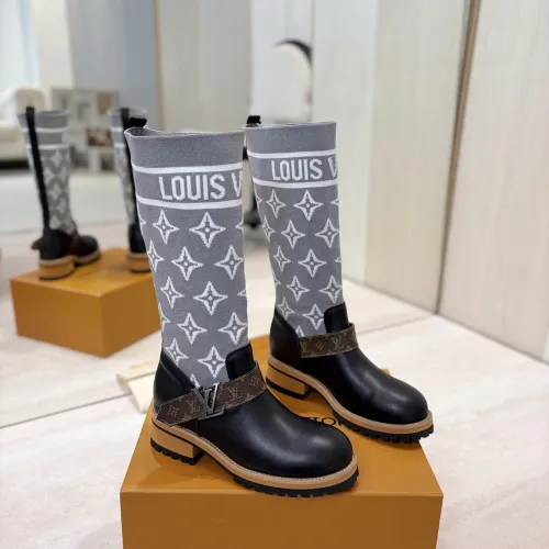Louis Vuitton Women’s Knee-High Boots with Gray Monogram Sock Top & Brown LV Strap #A69912