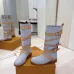 Louis Vuitton Women’s Light Blue Suede Knee Boots with Tan Leather Straps and Gold Buckles #A69917