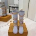 Louis Vuitton Women’s Light Blue Suede Knee Boots with Tan Leather Straps and Gold Buckles #A69917