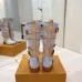 Louis Vuitton Women’s Light Blue Suede Knee Boots with Tan Leather Straps and Gold Buckles #A69917