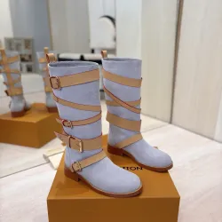 Brand L Women’s Light Blue Suede Knee Boots with Tan Leather Straps and Gold Buckles #A69917