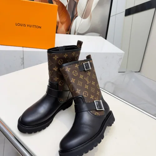 Louis Vuitton Women’s Monogram Canvas & Leather Ankle Boots with Buckle Strap and Chunky Sole #A69873