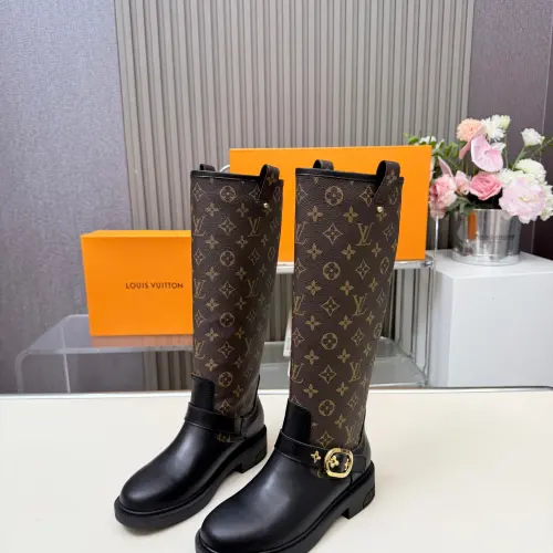 Louis Vuitton Women’s Monogram Knee-High Boots with Gold Buckle & Block Heel #A69870