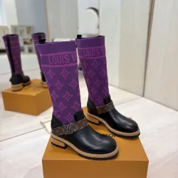Louis Vuitton Women’s Purple Monogram Knit Boots with Black Leather Upper and LV Belt Strap #A69915