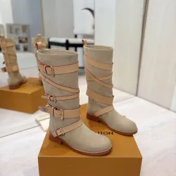 Louis Vuitton Women’s Suede Knee Boots with Cross-Strap Buckle Detail, Beige with Red Trim #A69918