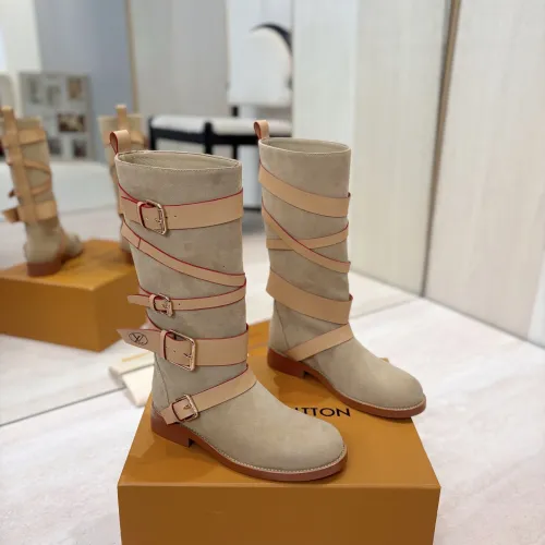 Louis Vuitton Women’s Suede Knee Boots with Cross-Strap Buckle Detail, Beige with Red Trim #A69918
