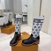 Louis Vuitton Women’s White Knit & Black Leather Boots with Monogram Strap and Chunky Sole #A69913