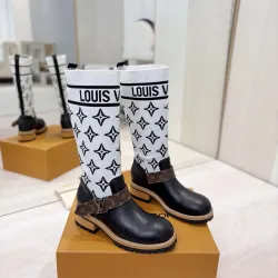 Louis Vuitton Women’s White Knit & Black Leather Boots with Monogram Strap and Chunky Sole #A69913