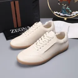 Zegna Men’s Smooth Leather Casual Sneakers, Signature Tone‑on‑Tone Stitching #A67736
