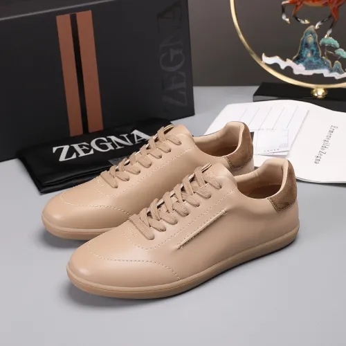 Zegna Men’s Smooth Leather Casual Sneakers, Signature Tone‑on‑Tone Stitching #A67737
