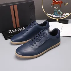 Zegna Men’s Smooth Leather Casual Sneakers, Signature Tone‑on‑Tone Stitching #A67738