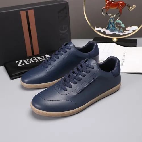 Zegna Men’s Smooth Leather Casual Sneakers, Signature Tone‑on‑Tone Stitching #A67738