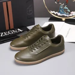 Zegna Men’s Smooth Leather Casual Sneakers, Signature Tone‑on‑Tone Stitching #A67739