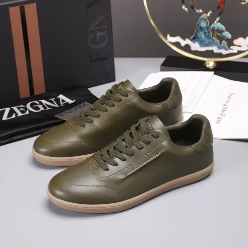 Zegna Men’s Smooth Leather Casual Sneakers, Signature Tone‑on‑Tone Stitching #A67739
