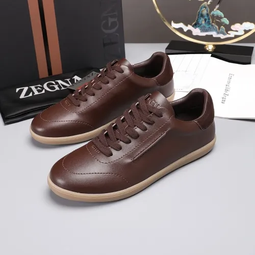 Zegna Men’s Smooth Leather Casual Sneakers, Signature Tone‑on‑Tone Stitching #A67740