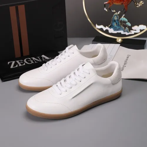Zegna Men’s Smooth Leather Casual Sneakers, Signature Tone‑on‑Tone Stitching #A67741