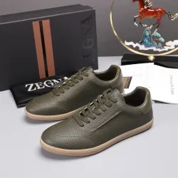 Zegna Men’s Smooth Leather Casual Sneakers, Signature Tone‑on‑Tone Stitching #A67743