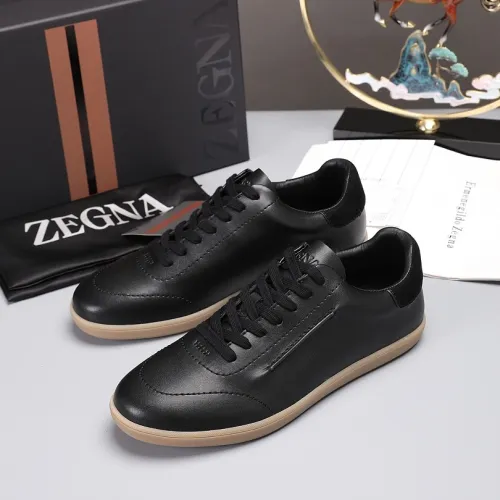 Zegna Men’s Smooth Leather Casual Sneakers, Signature Tone‑on‑Tone Stitching #A67746
