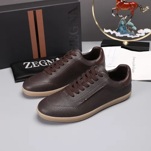 Zegna Men’s Smooth Leather Casual Sneakers, Signature Tone‑on‑Tone Stitching #A67747