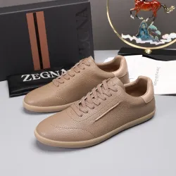 Zegna Men’s Smooth Leather Casual Sneakers, Signature Tone‑on‑Tone Stitching #A67748