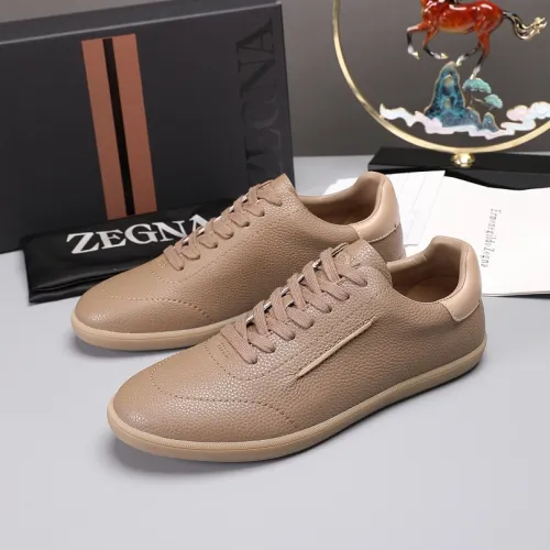 Zegna Men’s Smooth Leather Casual Sneakers, Signature Tone‑on‑Tone Stitching #A67748