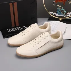 Zegna Men’s Smooth Leather Casual Sneakers, Signature Tone‑on‑Tone Stitching #A67749