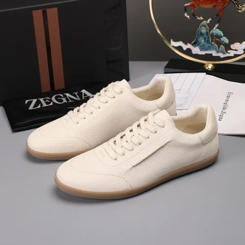 Zegna Men’s Smooth Leather Casual Sneakers, Signature Tone‑on‑Tone Stitching #A67749