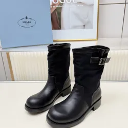 Prada Women’s Black Canvas-Trimmed Ankle Boots with Buckle Detail, Low Heel #A69822