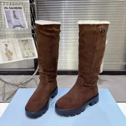 Prada Women’s Brown Suede Knee Boots with Shearling Lining & Chunky Sole #A69876
