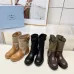 Prada Women’s Mid-Calf Boots – Tan Leather & Beige Canvas, Buckle Detail, 3.5cm Heel #A69823