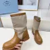 Prada Women’s Mid-Calf Boots – Tan Leather & Beige Canvas, Buckle Detail, 3.5cm Heel #A69823