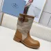 Prada Women’s Mid-Calf Boots – Tan Leather & Beige Canvas, Buckle Detail, 3.5cm Heel #A69823