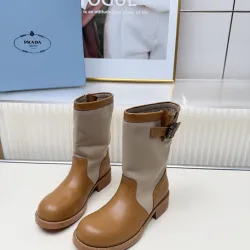 Prada Women’s Mid-Calf Boots – Tan Leather & Beige Canvas, Buckle Detail, 3.5cm Heel #A69823