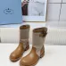 Prada Women’s Mid-Calf Boots – Tan Leather & Beige Canvas, Buckle Detail, 3.5cm Heel #A69823