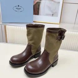 Prada Women’s Olive & Brown Canvas-Trimmed Ankle Boots with Buckle Detail #A69821
