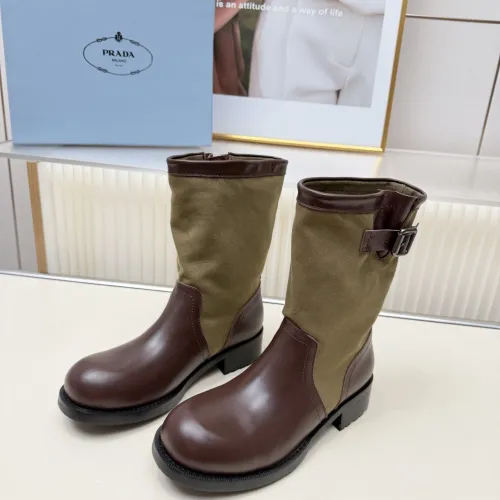 Prada Women’s Olive & Brown Canvas-Trimmed Ankle Boots with Buckle Detail #A69821