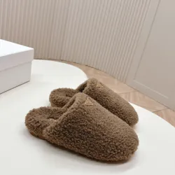 Prada Women’s Beige Sheepskin Slippers – Fuzzy Mules with Gold Logo Tab, Soft Indoor Footwear #A69831