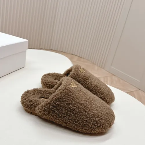 Prada Women’s Beige Sheepskin Slippers – Fuzzy Mules with Gold Logo Tab, Soft Indoor Footwear #A69831