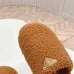 Prada Women’s Brown Sheepskin Slippers – Fuzzy Mules with Gold Triangle Logo Tab, Soft Indoor Footwear #A69833
