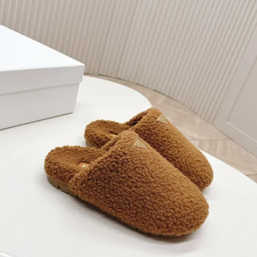 Prada Women’s Brown Sheepskin Slippers – Fuzzy Mules with Gold Triangle Logo Tab, Soft Indoor Footwear #A69833